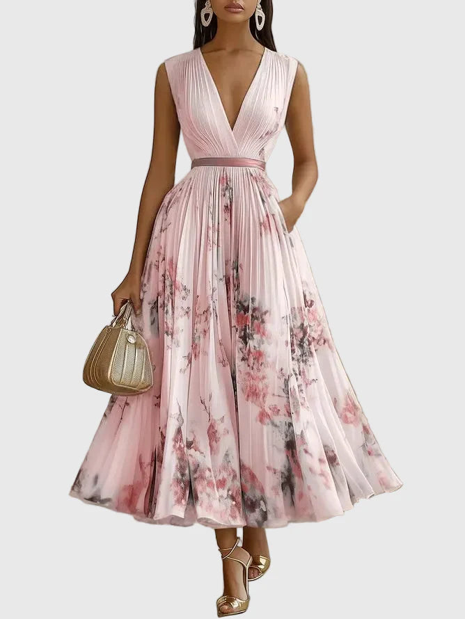 Dorothy | Floral Pleated Maxi Dress with Deep V Neck and Belted Waist