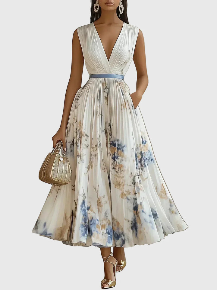 Dorothy | Floral Pleated Maxi Dress with Deep V Neck and Belted Waist