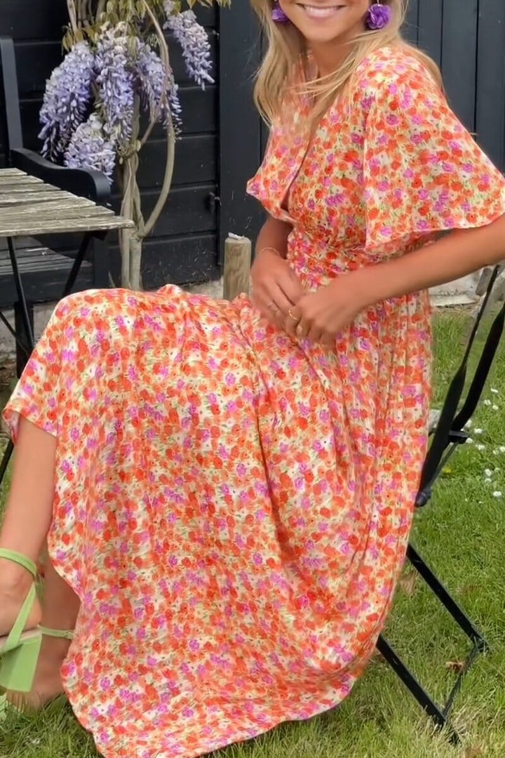 Elaine | Floral Maxi Dress with V Neck and Flutter Sleeves