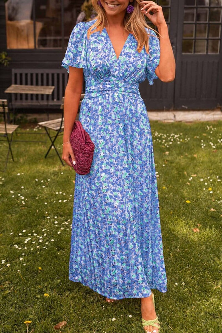 Elaine | Floral Maxi Dress with V Neck and Flutter Sleeves