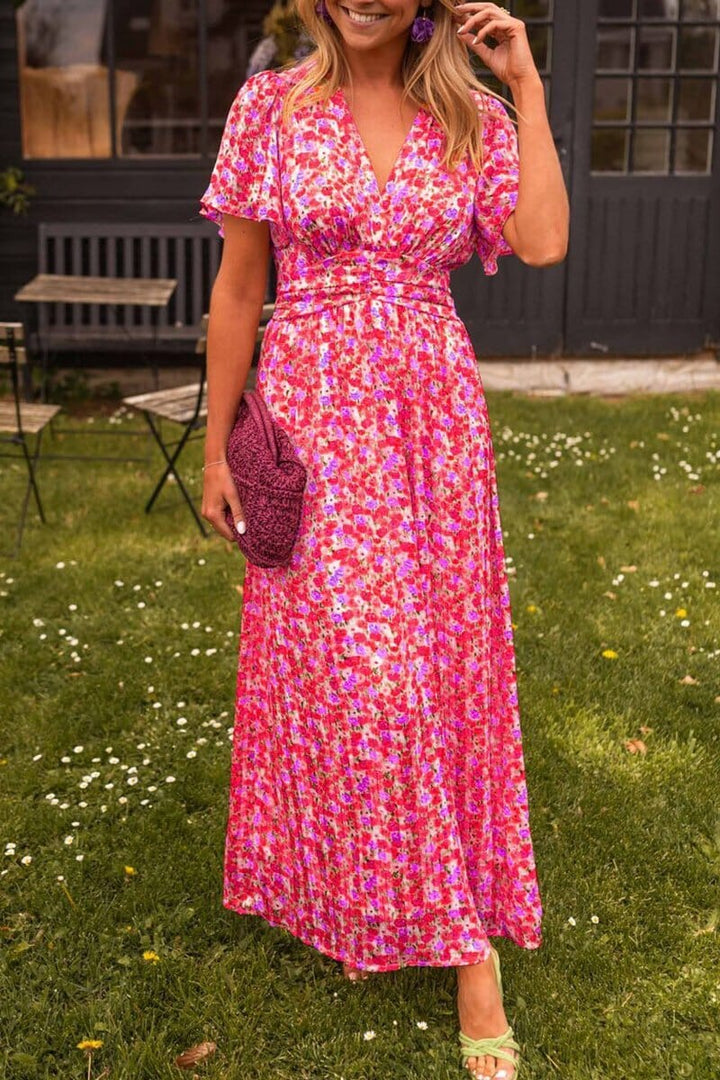 Elaine | Floral Maxi Dress with V Neck and Flutter Sleeves