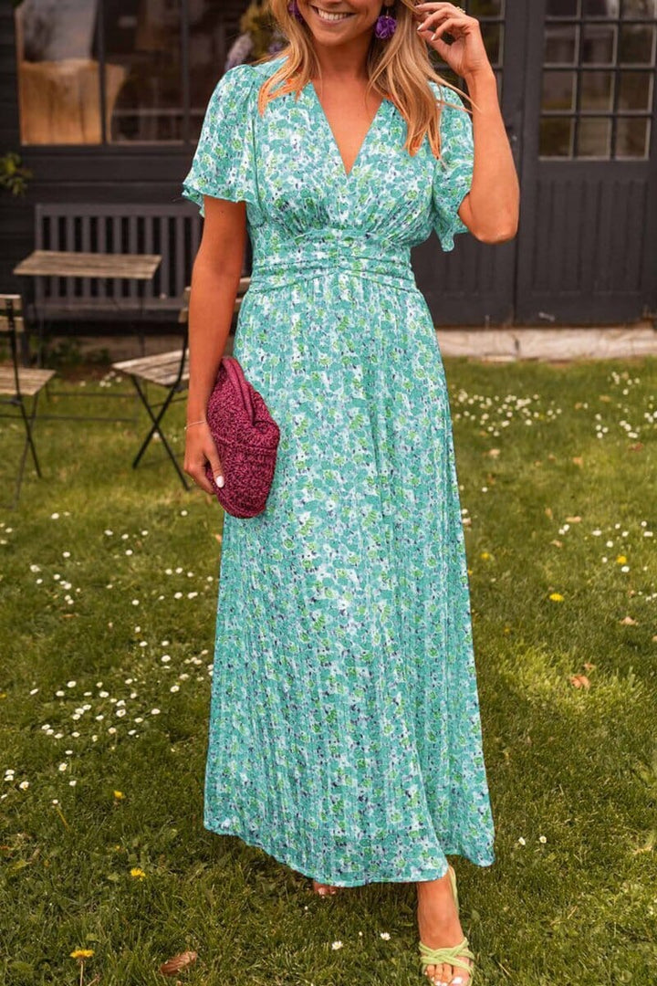 Elaine | Floral Maxi Dress with V Neck and Flutter Sleeves