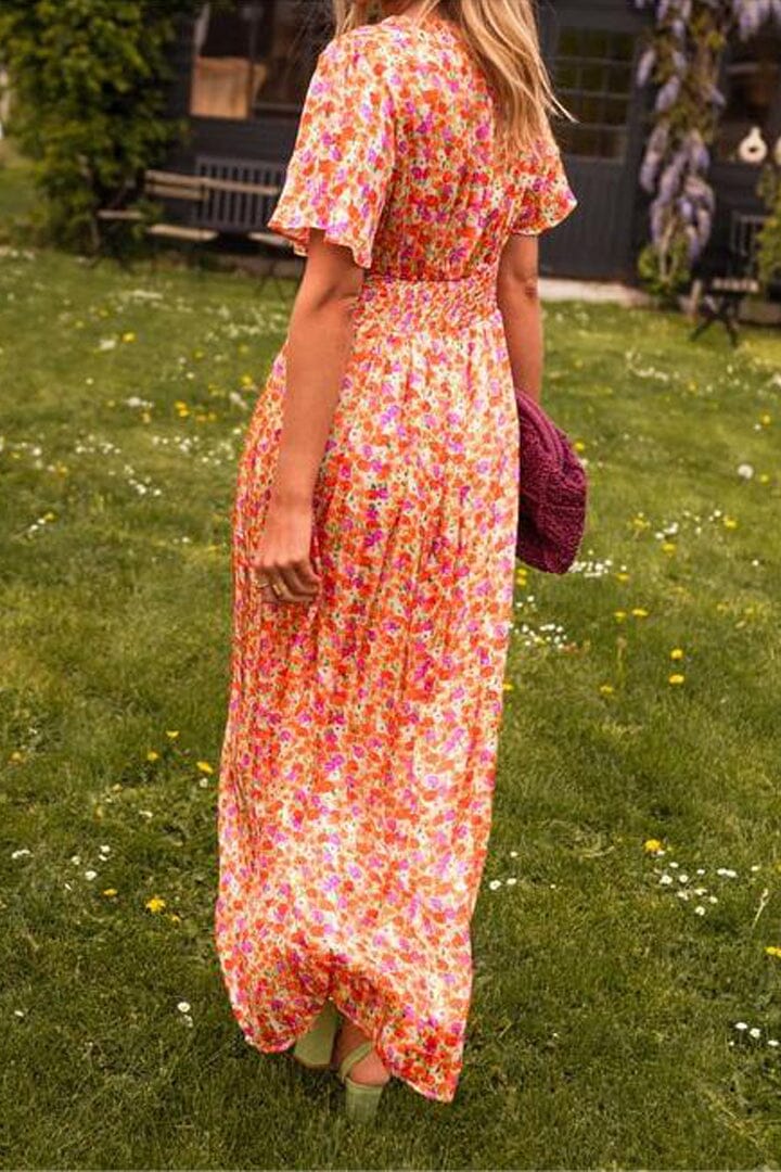 Elaine | Floral Maxi Dress with V Neck and Flutter Sleeves
