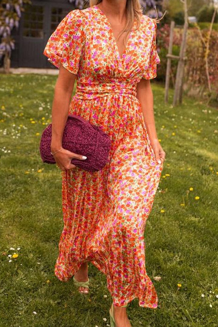 Elaine | Floral Maxi Dress with V Neck and Flutter Sleeves