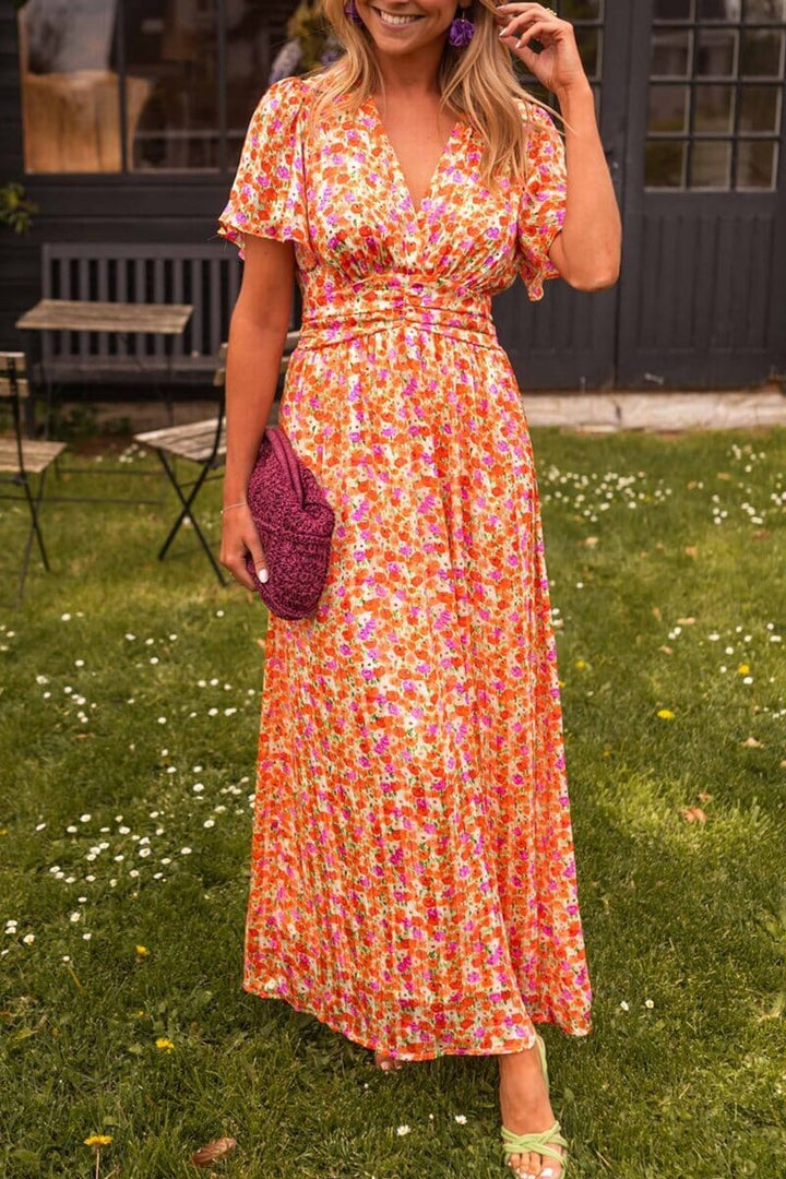Elaine | Floral Maxi Dress with V Neck and Flutter Sleeves
