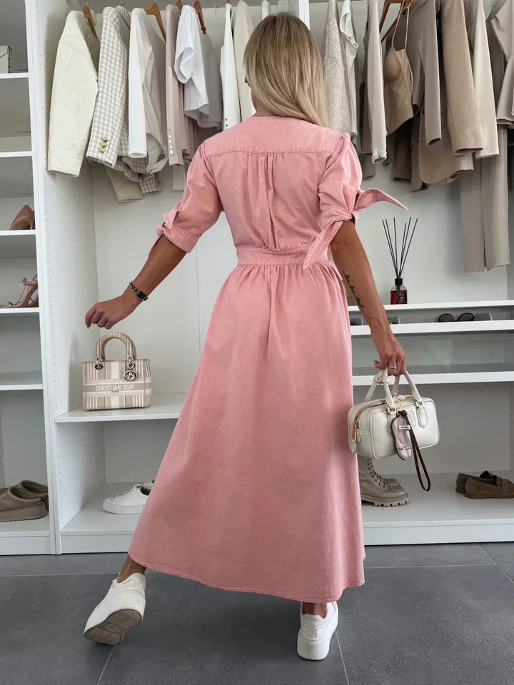 Elizabeth | Solid Button Front Maxi Dress with V Neck and Puff Sleeves