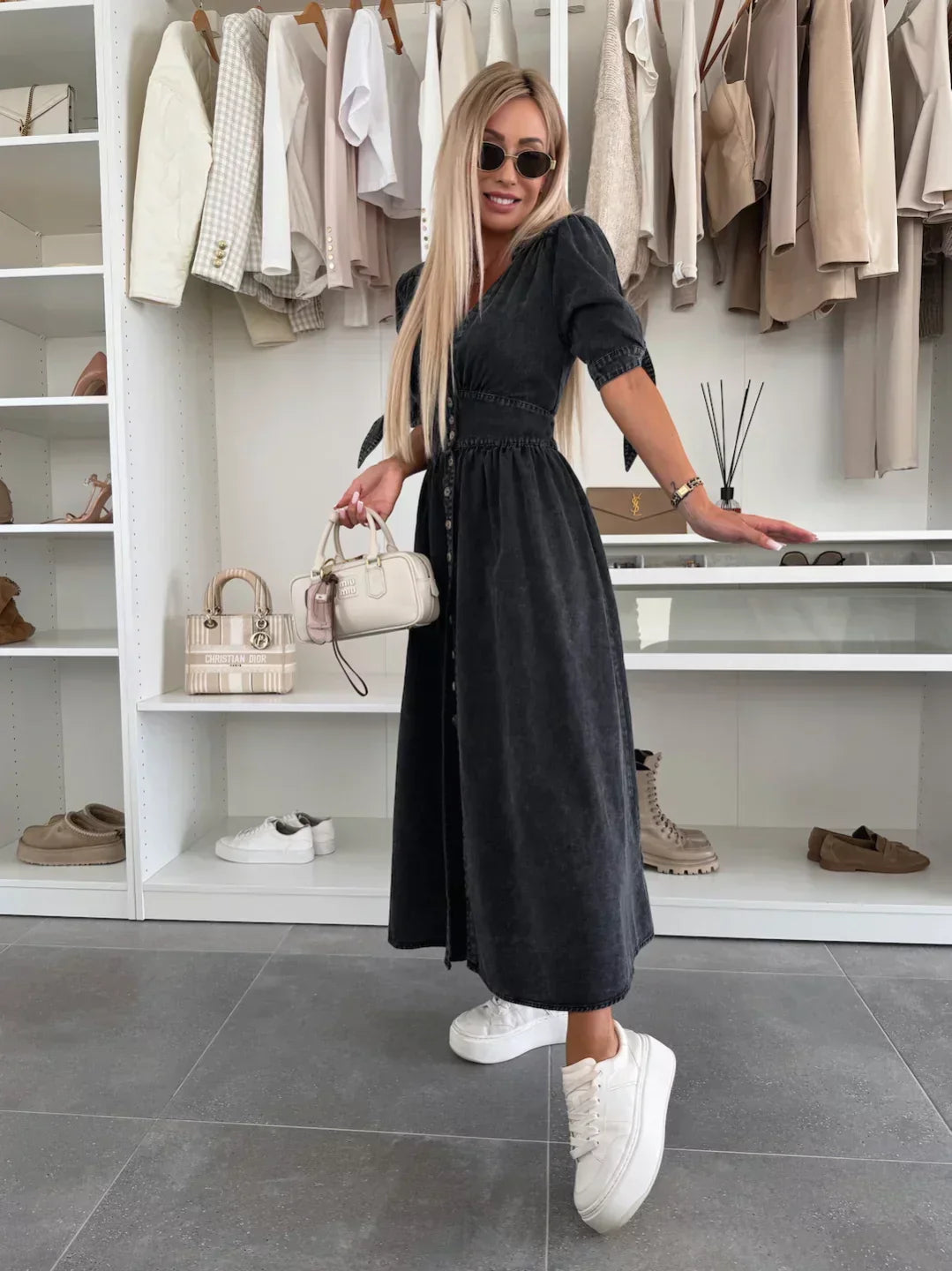Elizabeth | Solid Button Front Maxi Dress with V Neck and Puff Sleeves