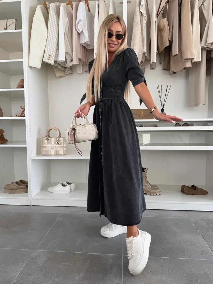 Elizabeth | Solid Button Front Maxi Dress with V Neck and Puff Sleeves