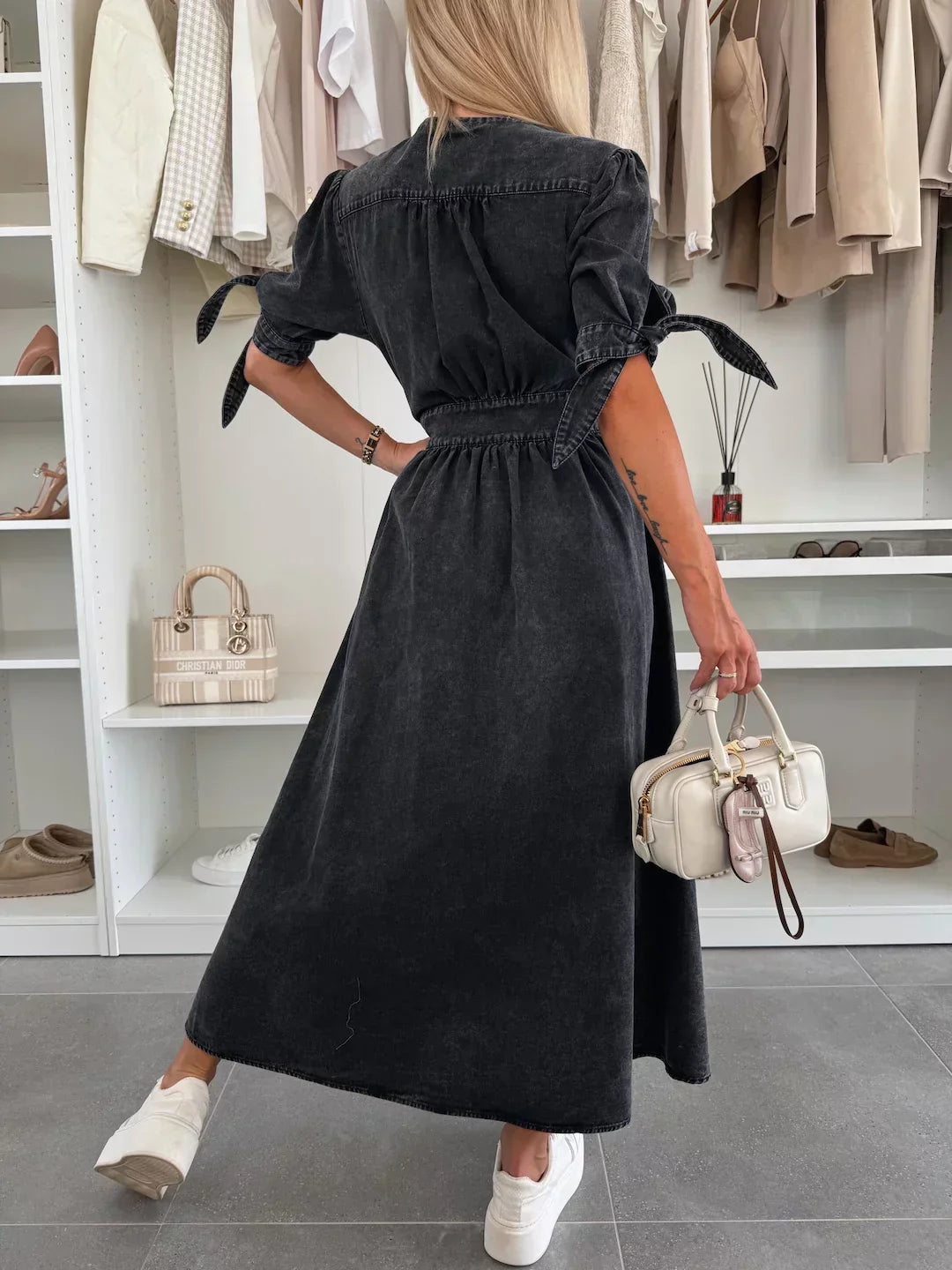Elizabeth | Solid Button Front Maxi Dress with V Neck and Puff Sleeves