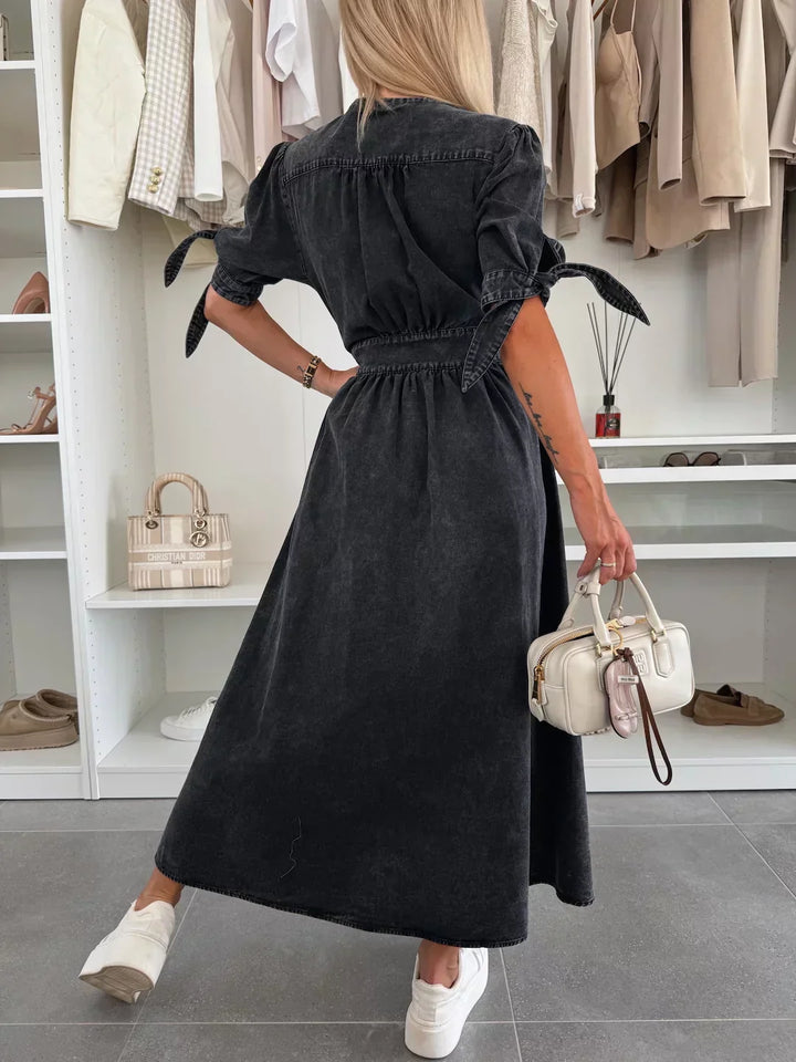 Elizabeth | Solid Button Front Maxi Dress with V Neck and Puff Sleeves