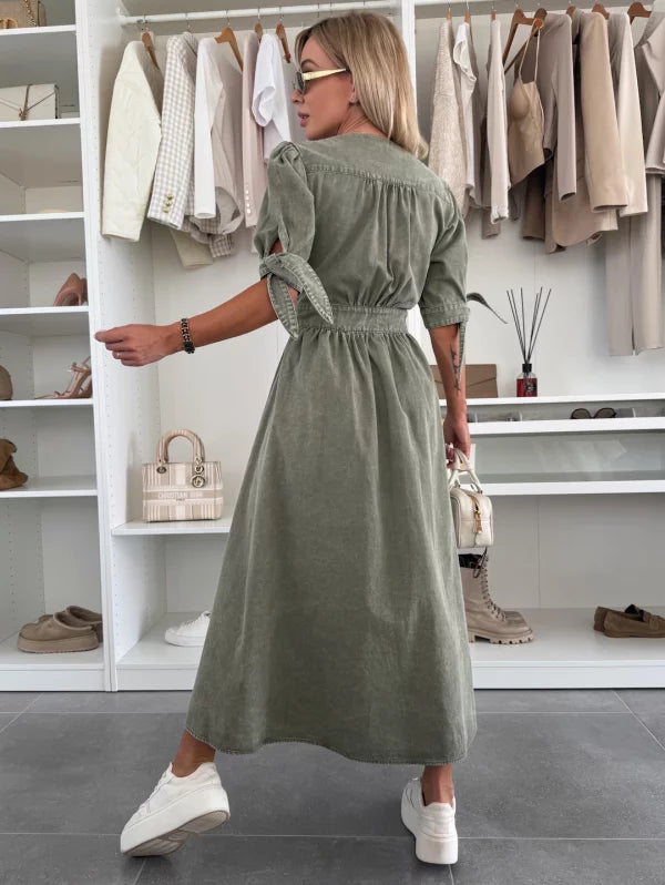 Elizabeth | Solid Button Front Maxi Dress with V Neck and Puff Sleeves