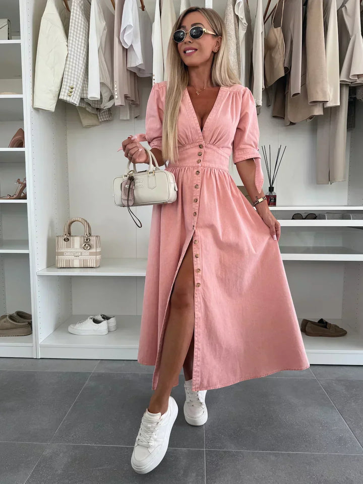 Elizabeth | Solid Button Front Maxi Dress with V Neck and Puff Sleeves