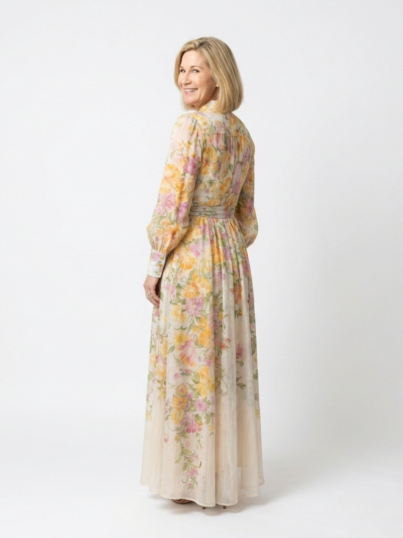 Evangeline | Floral Sheer Maxi Dress with Long Sleeves and Tie Belt
