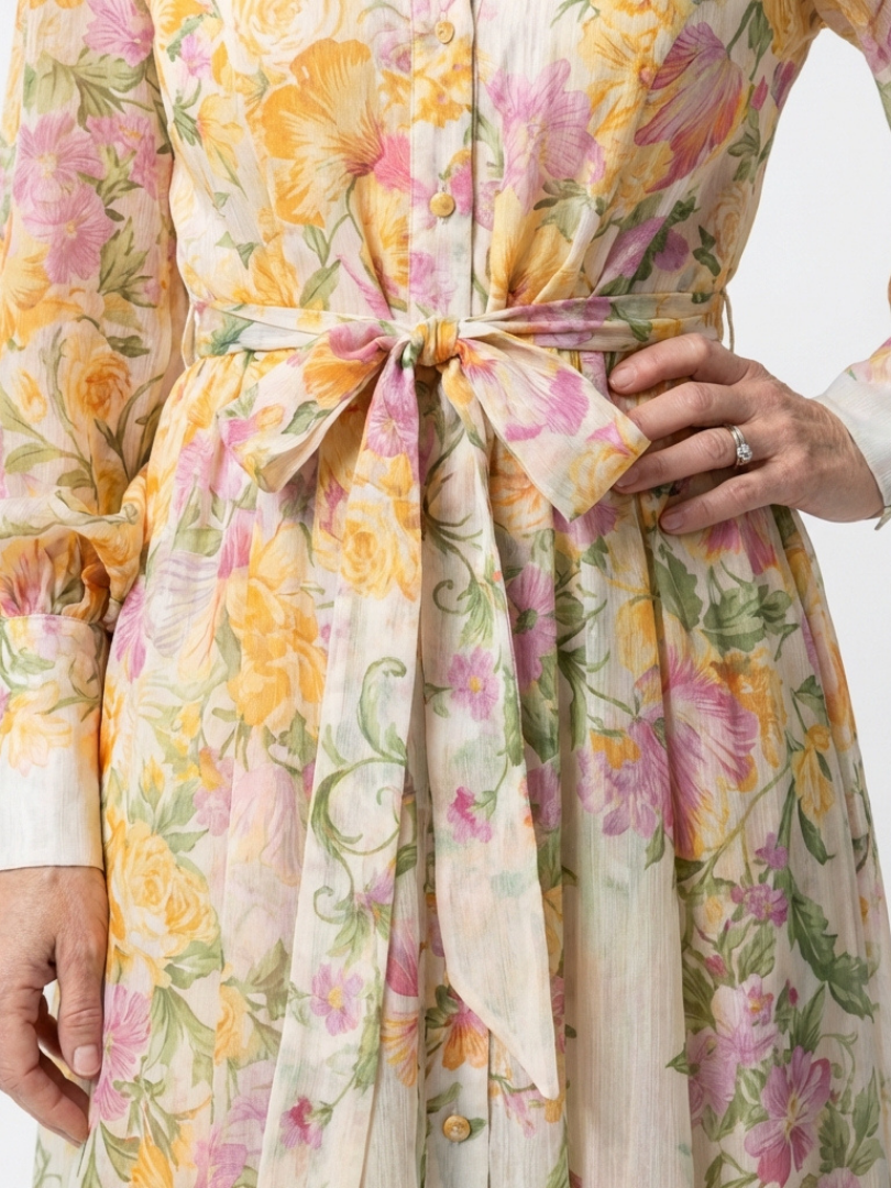 Evangeline | Floral Sheer Maxi Dress with Long Sleeves and Tie Belt
