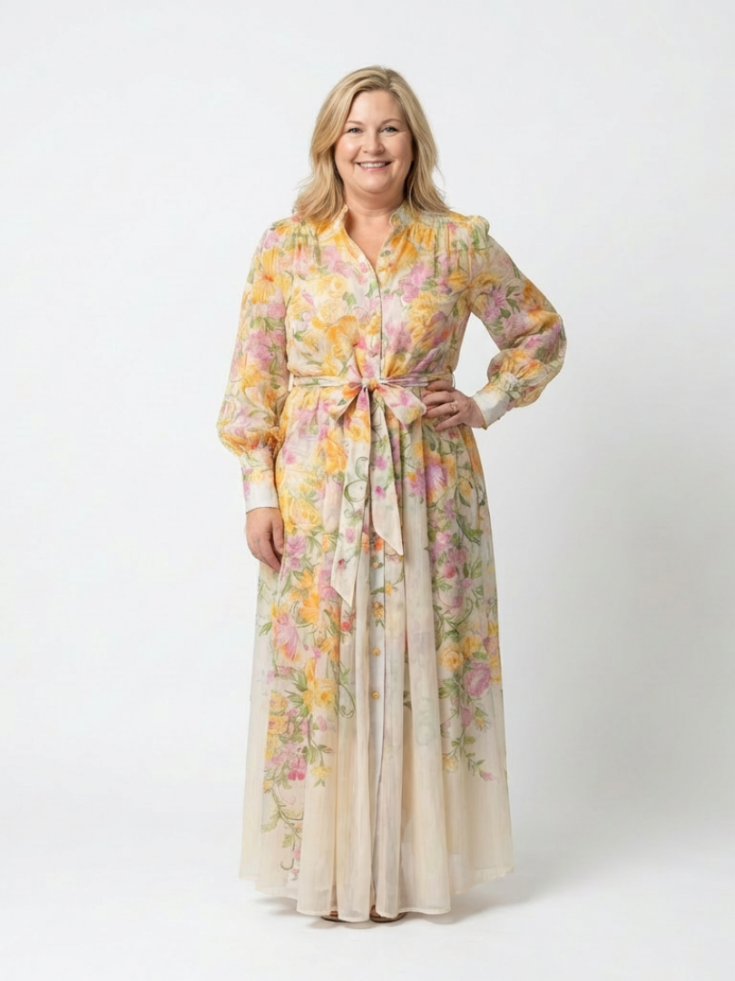 Evangeline | Floral Sheer Maxi Dress with Long Sleeves and Tie Belt