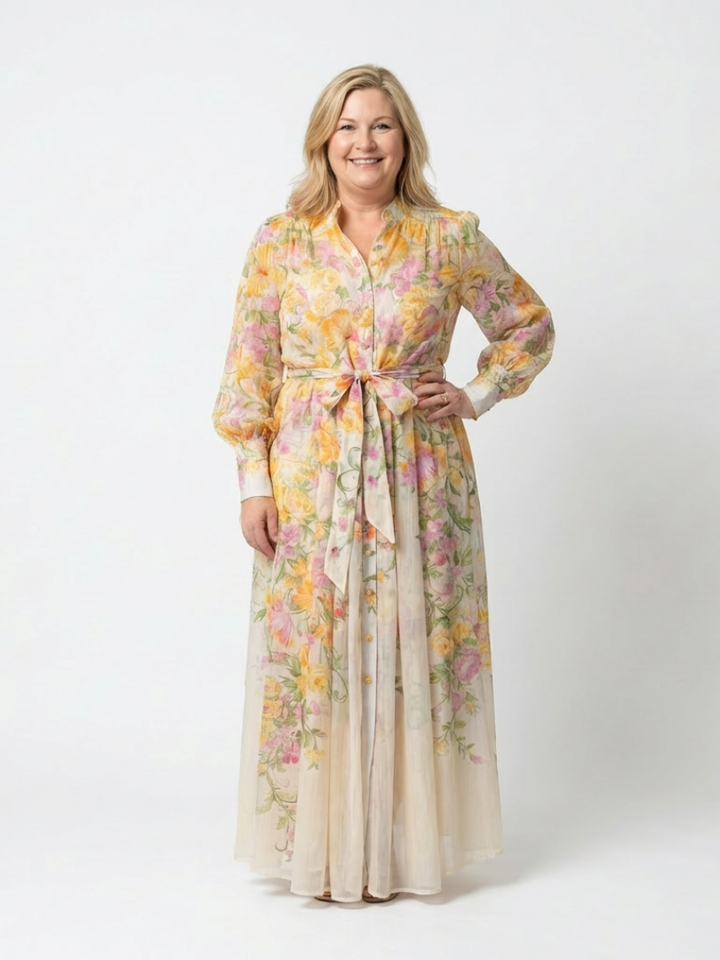Evangeline | Floral Sheer Maxi Dress with Long Sleeves and Tie Belt