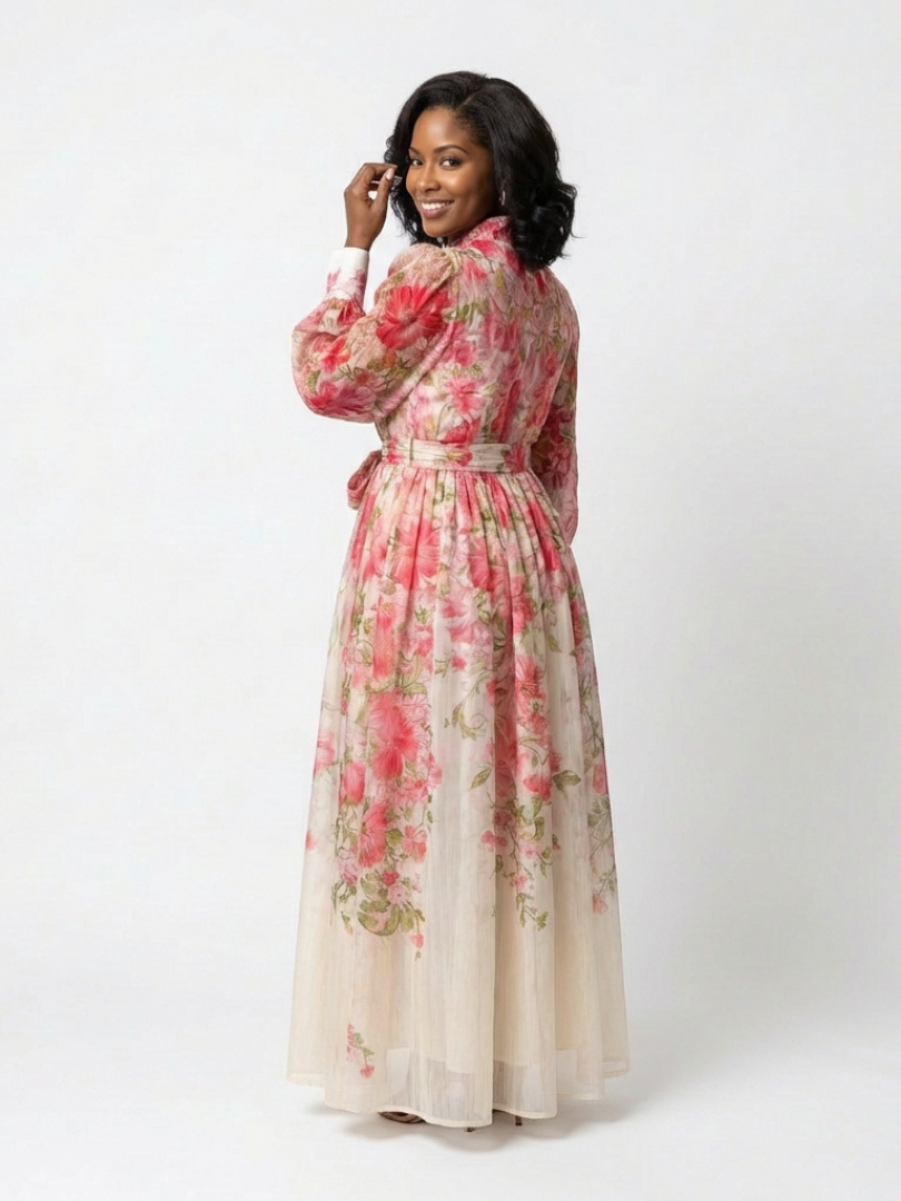 Evangeline | Floral Sheer Maxi Dress with Long Sleeves and Tie Belt