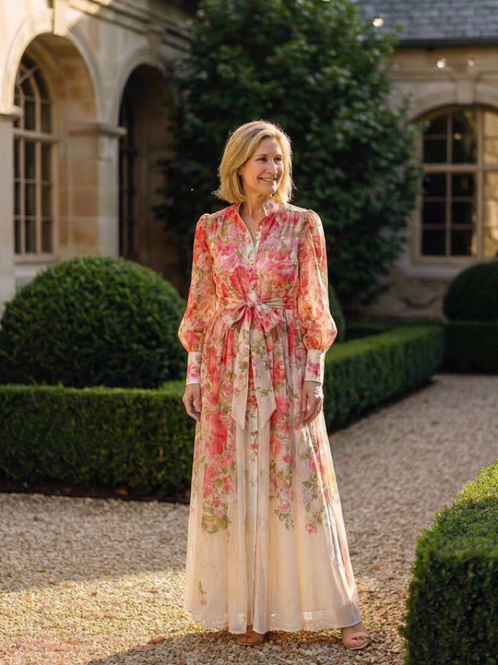 Evangeline | Floral Sheer Maxi Dress with Long Sleeves and Tie Belt