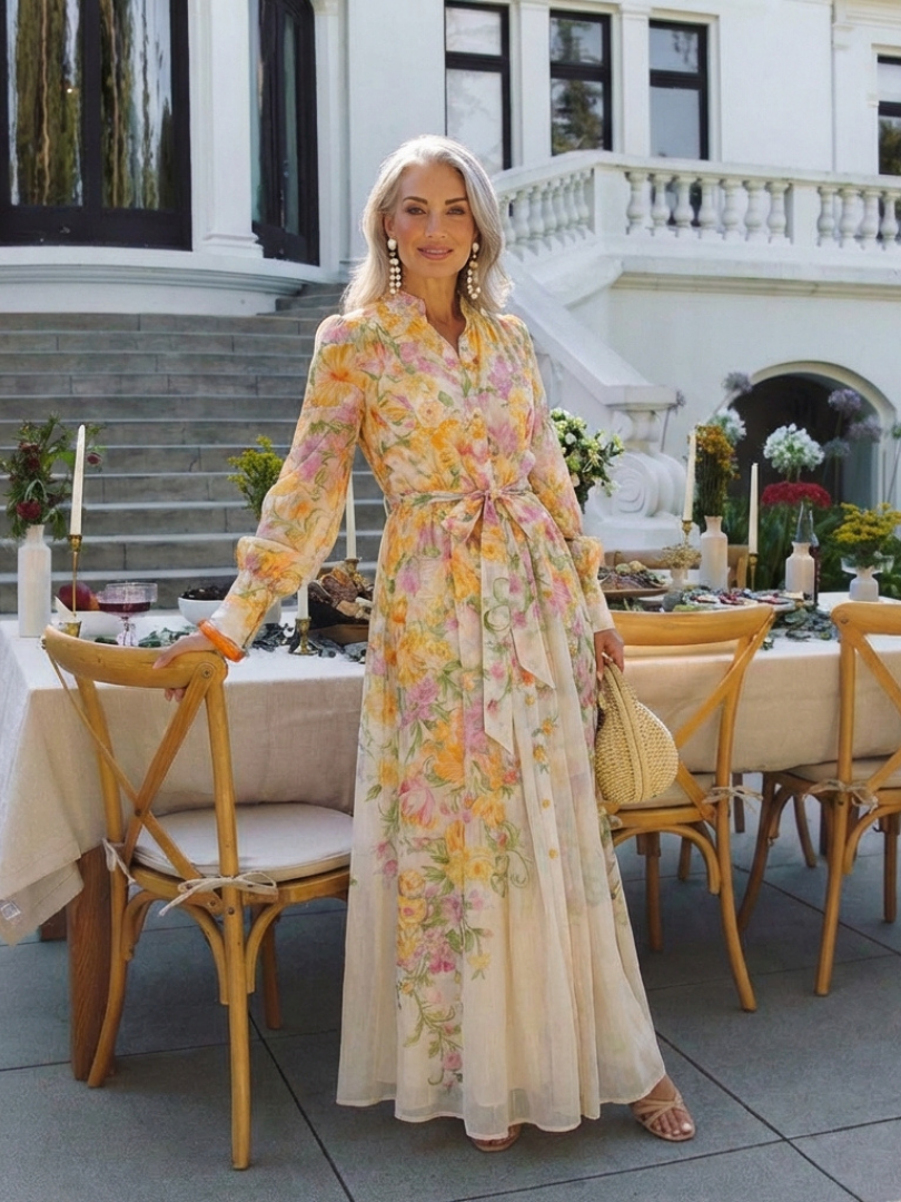 Evangeline | Floral Sheer Maxi Dress with Long Sleeves and Tie Belt