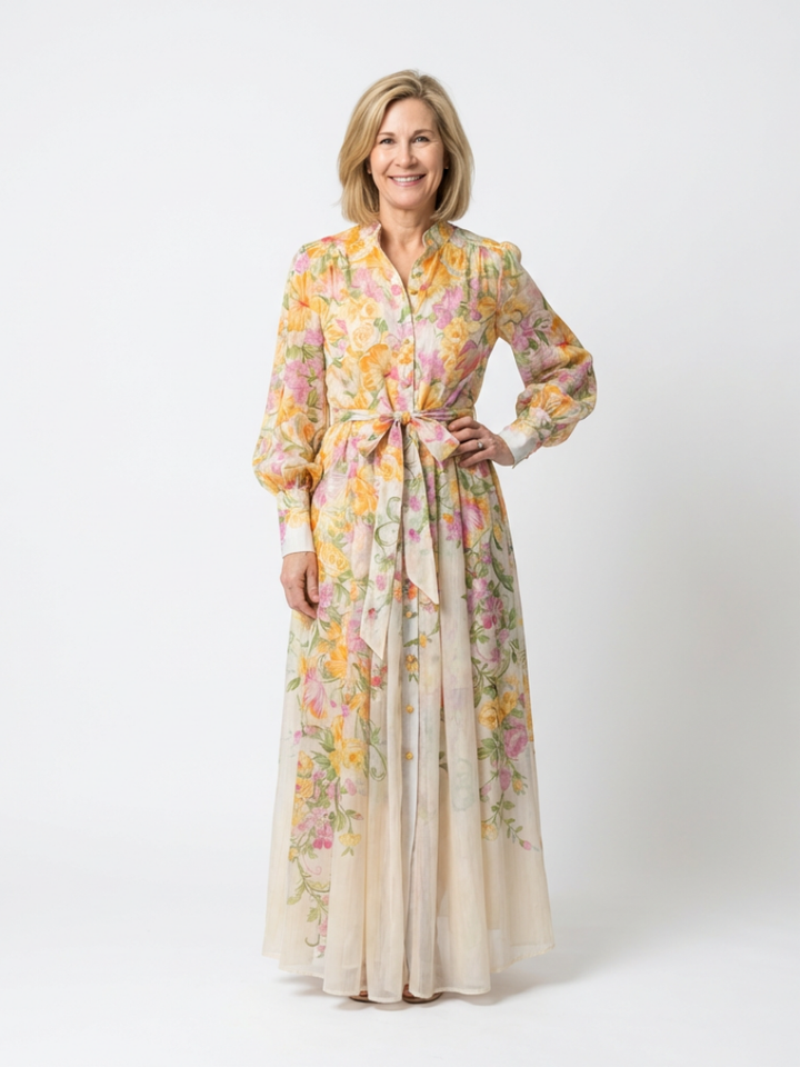 Evangeline | Floral Sheer Maxi Dress with Long Sleeves and Tie Belt