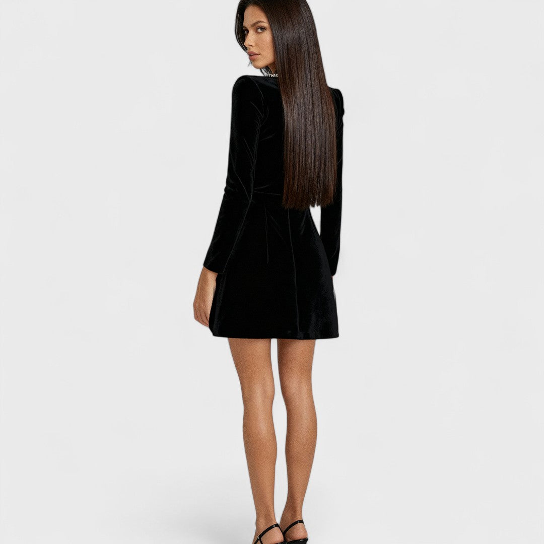Evelyn | Glitter Cocktail Mini Dress with Square Neck and Long Sleeves
