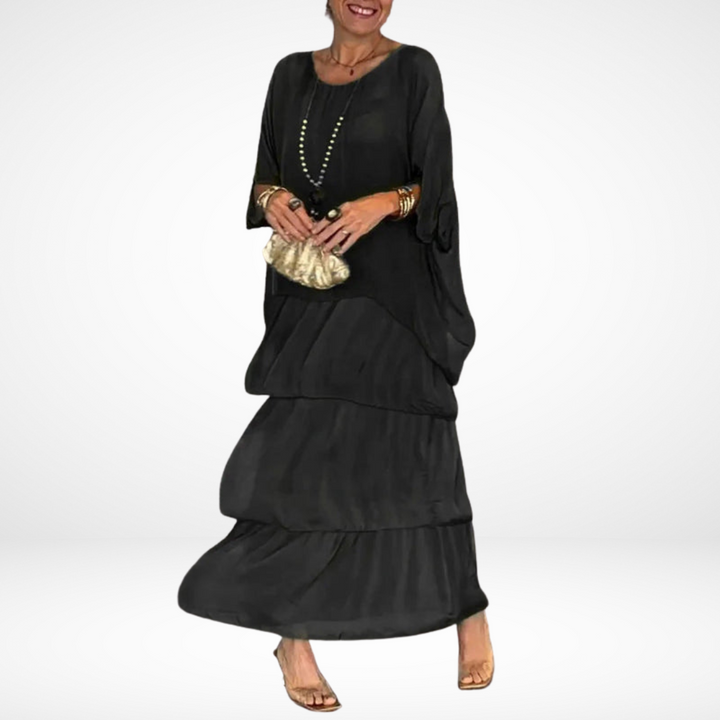 Evelyn | Solid Tiered Boho Maxi Dress with Batwing Sleeves and Round Neck