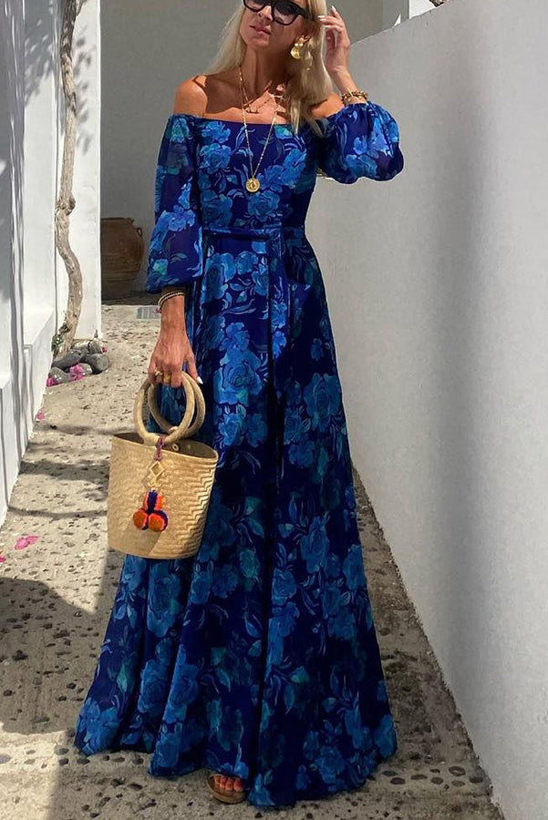 Frances | Floral Maxi Wedding Guest Dress with Off Shoulder and Long Sleeves