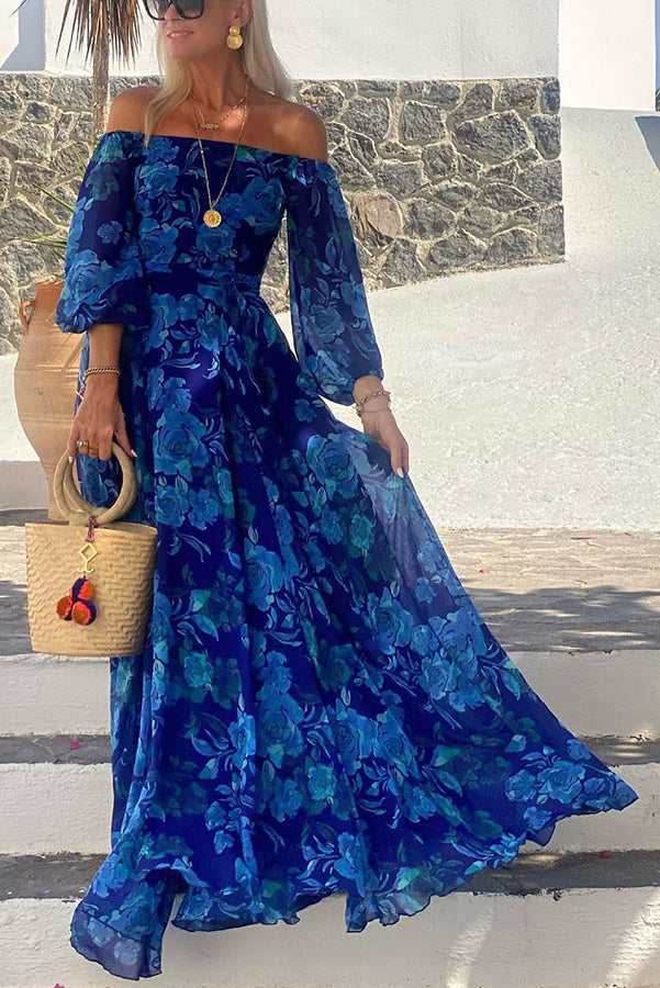 Frances | Floral Maxi Wedding Guest Dress with Off Shoulder and Long Sleeves