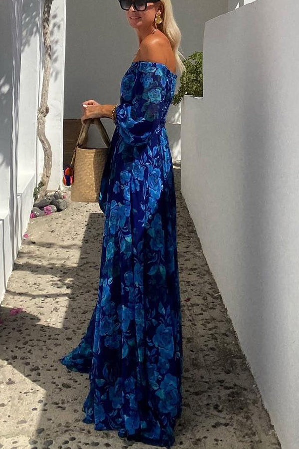 Frances | Floral Maxi Wedding Guest Dress with Off Shoulder and Long Sleeves