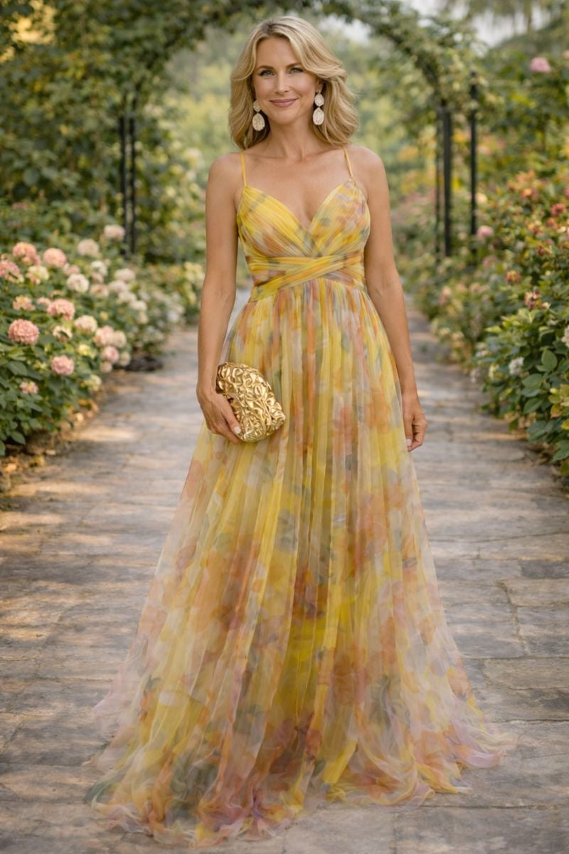Genevieve | Floral Maxi Dress with V Neck and Spaghetti Straps
