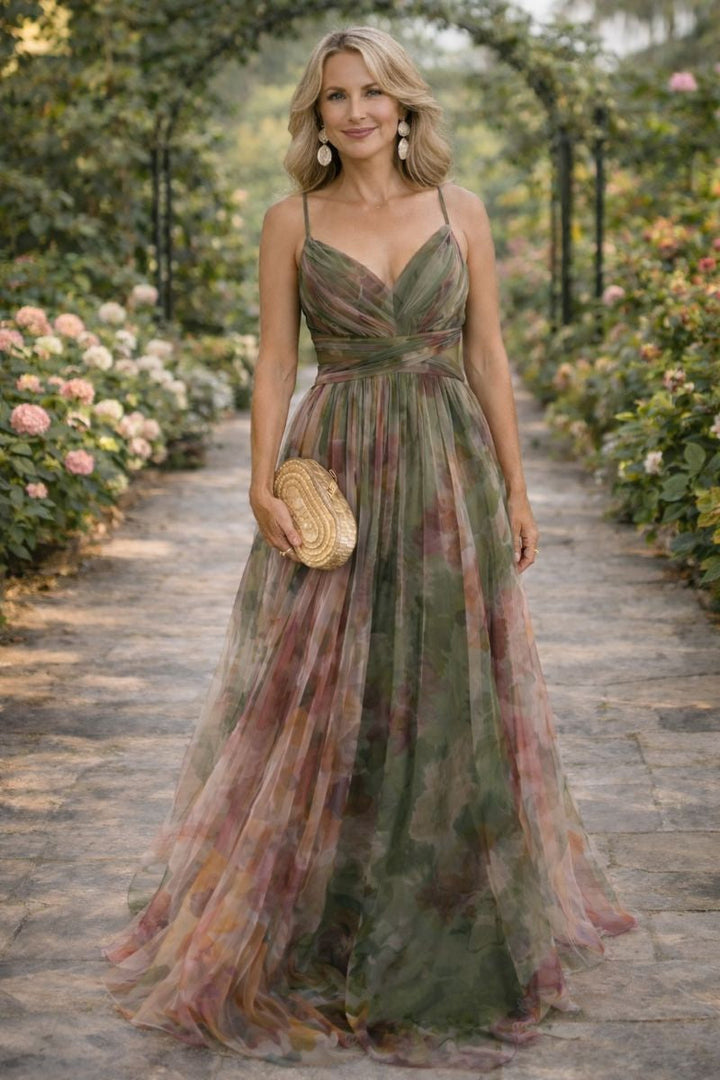 Genevieve | Floral Maxi Dress with V Neck and Spaghetti Straps