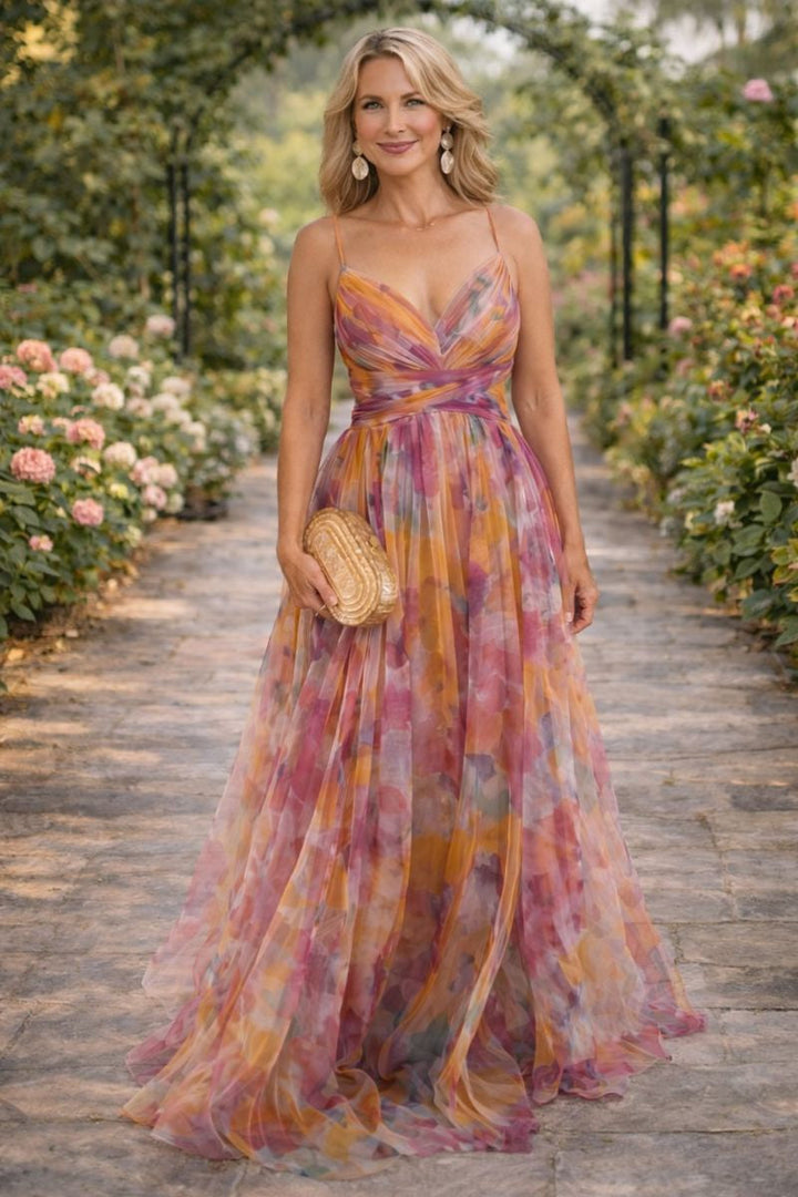 Genevieve | Floral Maxi Dress with V Neck and Spaghetti Straps