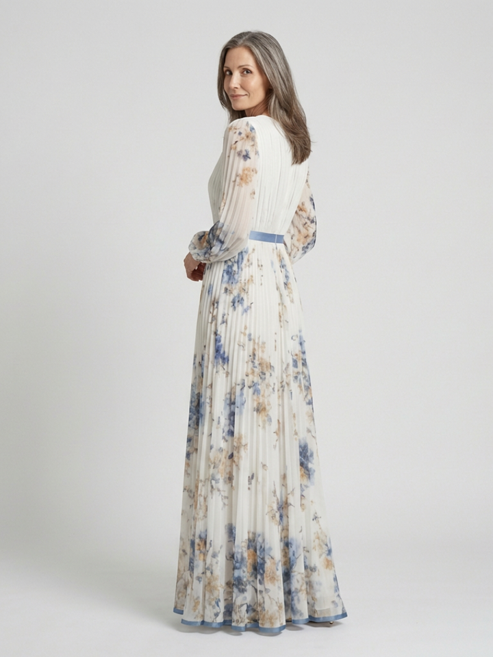 Genevieve | Floral Maxi Dress with V Neck Long Sleeves and Contrast Belt