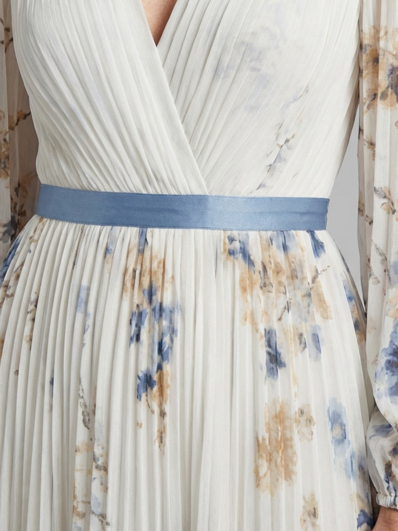 Genevieve | Floral Maxi Dress with V Neck Long Sleeves and Contrast Belt