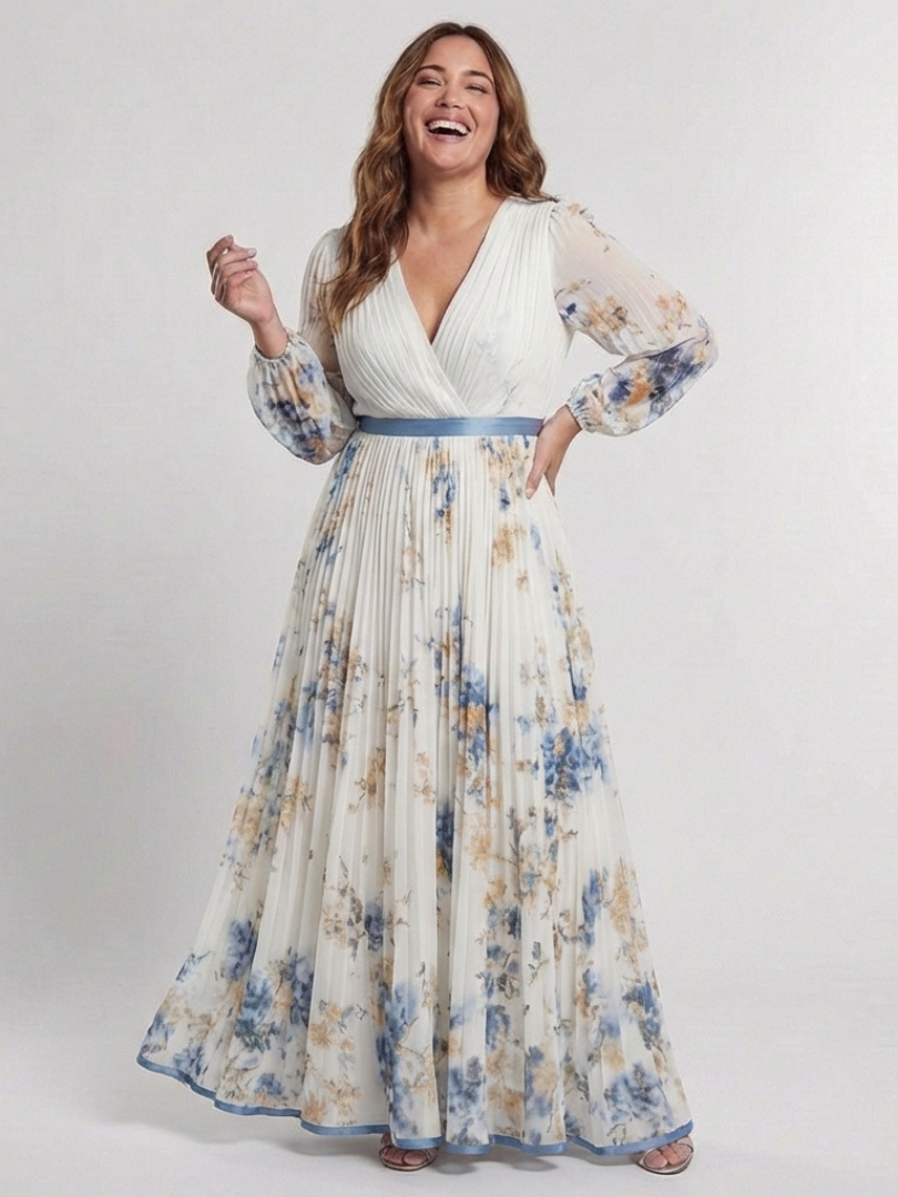Genevieve | Floral Maxi Dress with V Neck Long Sleeves and Contrast Belt