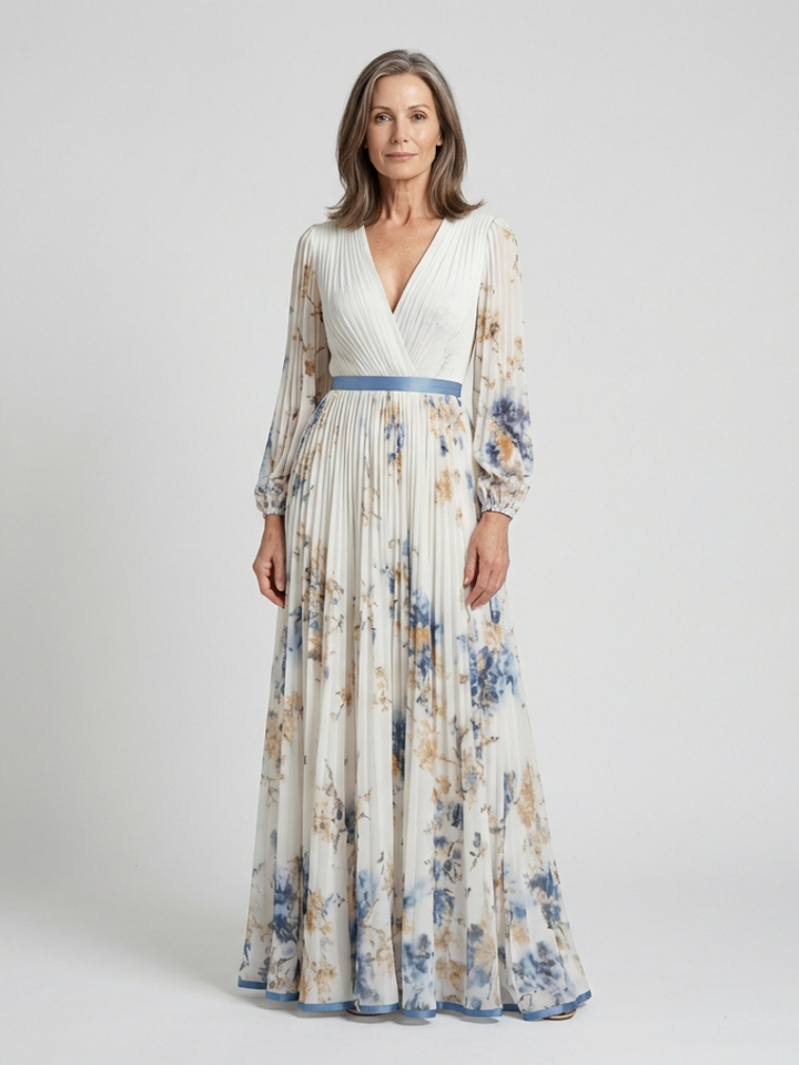 Genevieve | Floral Maxi Dress with V Neck Long Sleeves and Contrast Belt