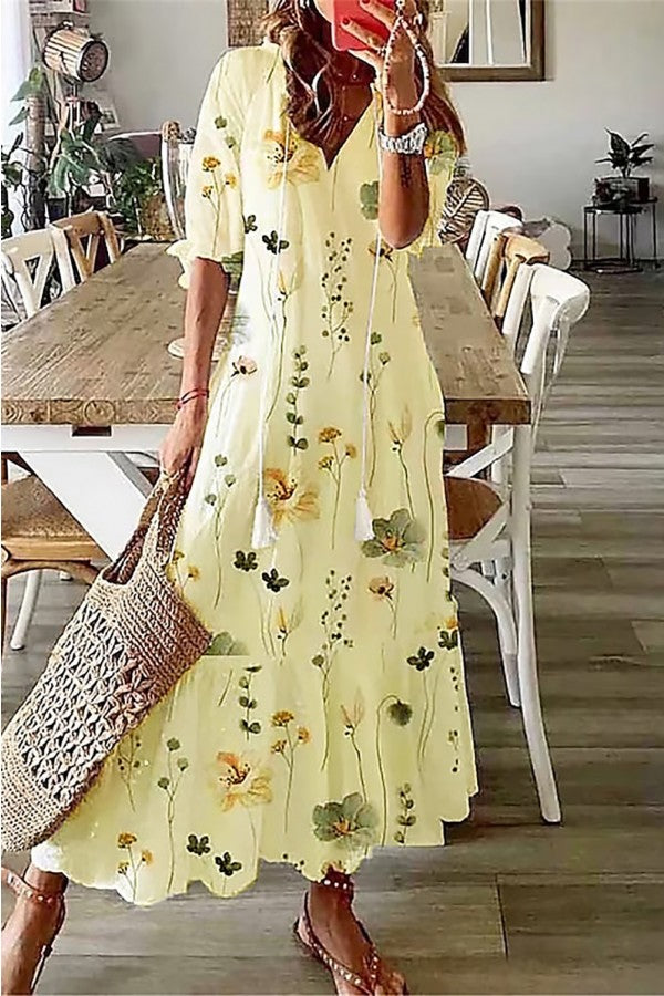 Grace | Boho Floral Maxi Sundress with V Neck and Button Front