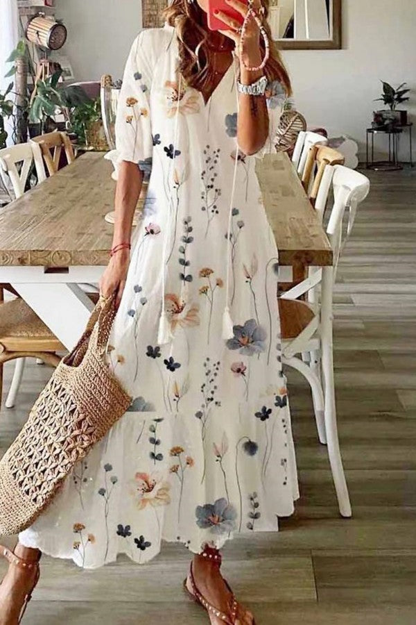 Grace | Boho Floral Maxi Sundress with V Neck and Button Front