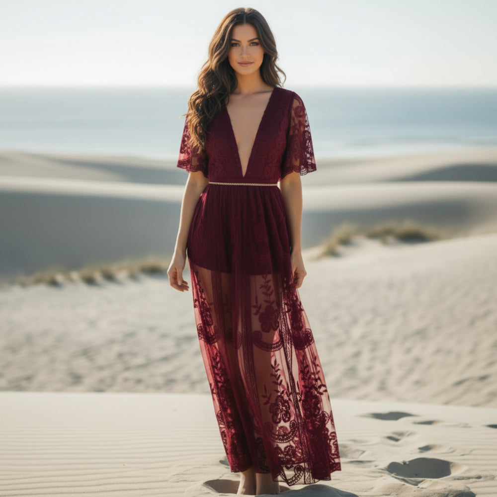 Gwendolyn | Boho Lace Maxi Dress with V Neck and Empire Waist