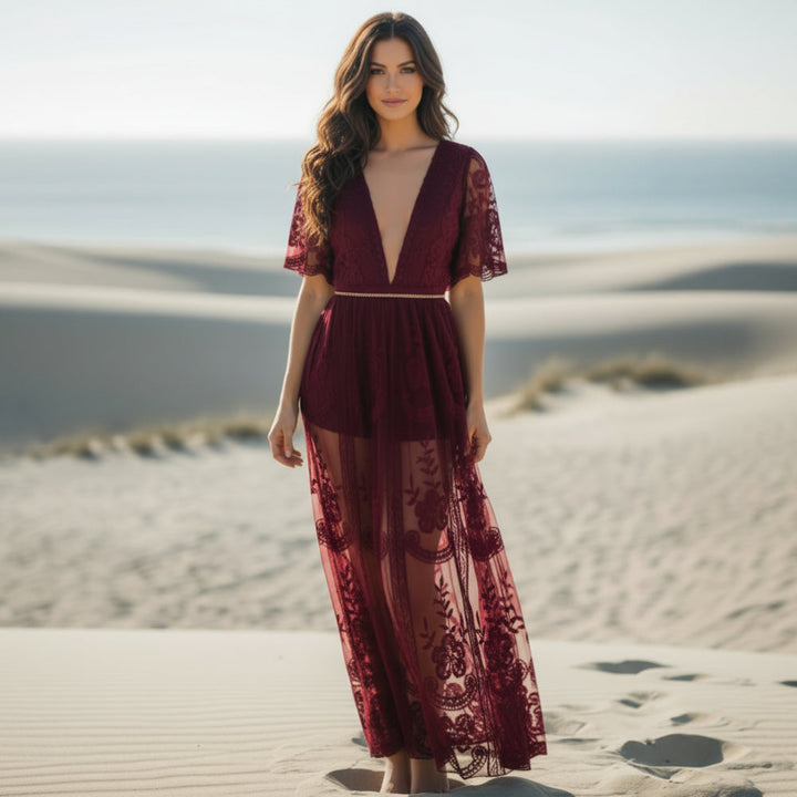 Gwendolyn | Boho Lace Maxi Dress with V Neck and Empire Waist