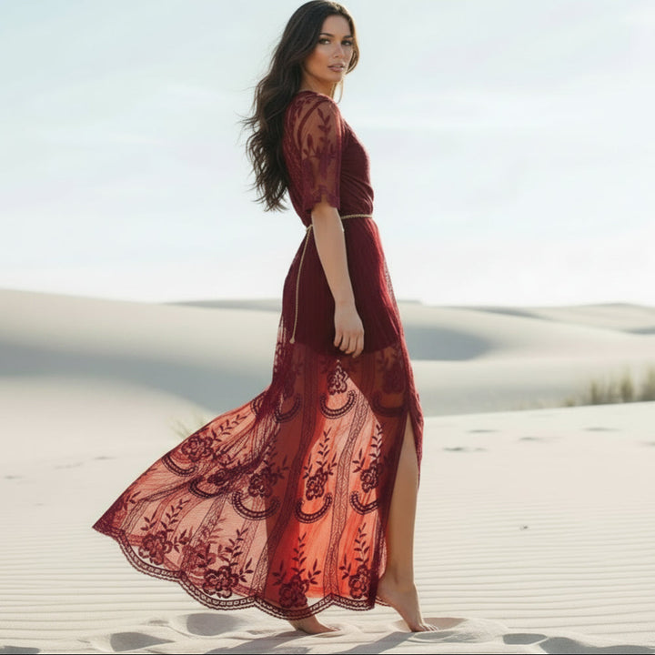 Gwendolyn | Boho Lace Maxi Dress with V Neck and Empire Waist
