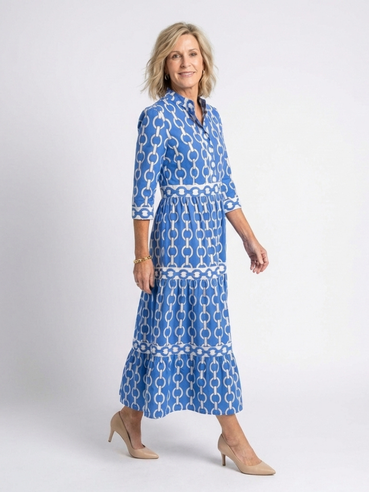 Harriet | Chain Print Shirt Maxi Dress with Three Quarter Sleeves and Tiered Skirt