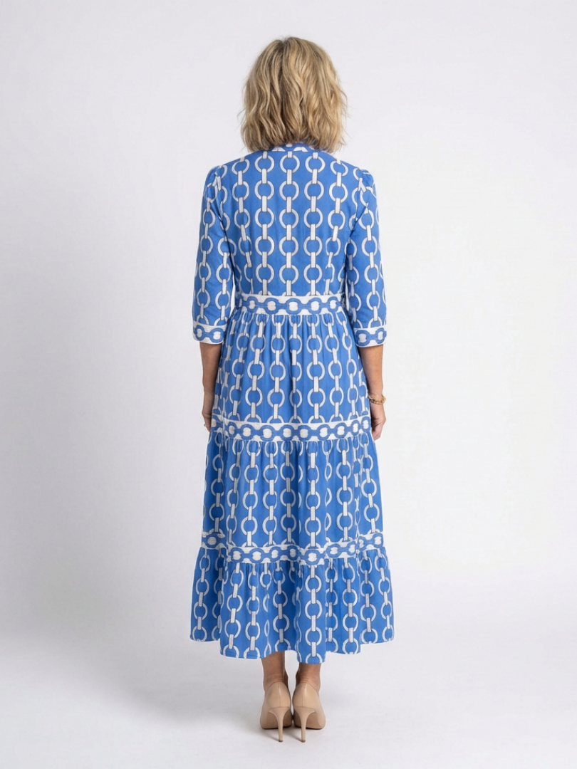 Harriet | Chain Print Shirt Maxi Dress with Three Quarter Sleeves and Tiered Skirt