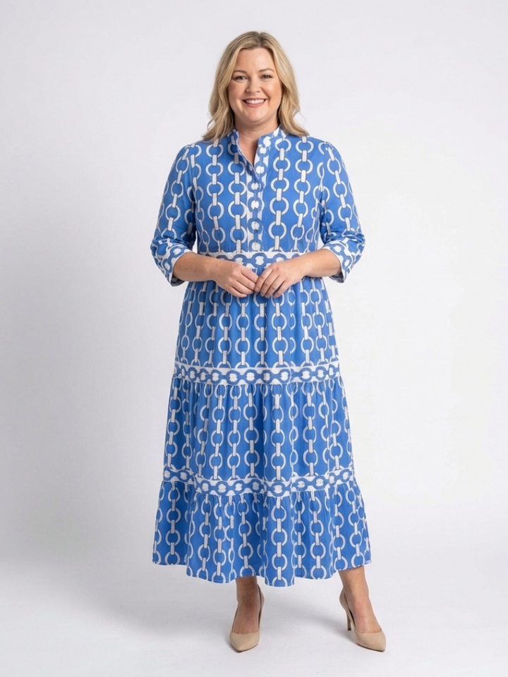 Harriet | Chain Print Shirt Maxi Dress with Three Quarter Sleeves and Tiered Skirt