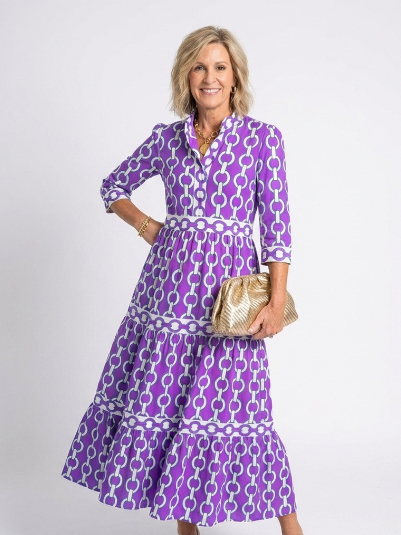 Harriet | Chain Print Shirt Maxi Dress with Three Quarter Sleeves and Tiered Skirt