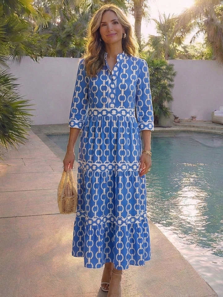 Harriet | Chain Print Shirt Maxi Dress with Three Quarter Sleeves and Tiered Skirt