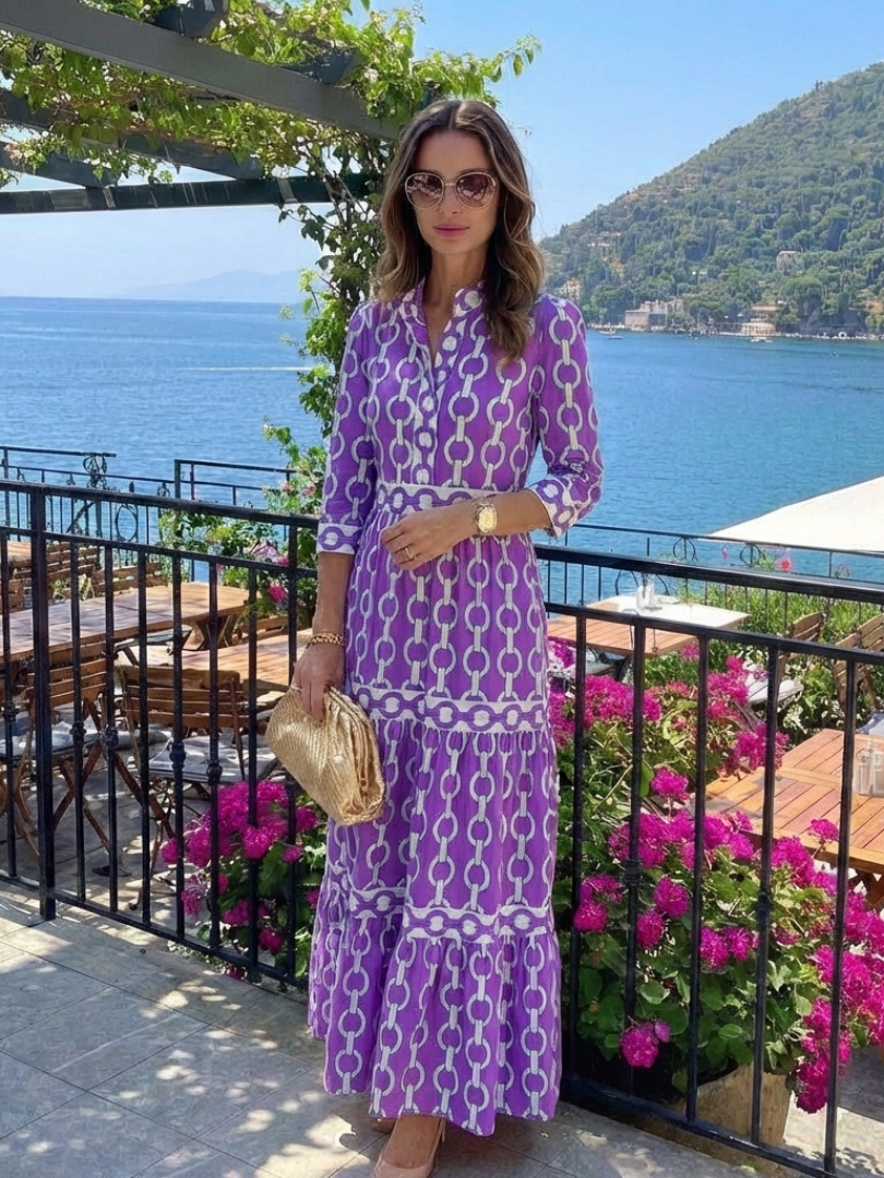Harriet | Chain Print Shirt Maxi Dress with Three Quarter Sleeves and Tiered Skirt