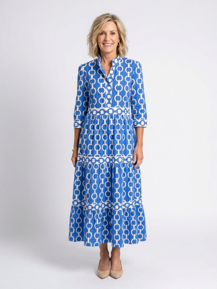Harriet | Chain Print Shirt Maxi Dress with Three Quarter Sleeves and Tiered Skirt