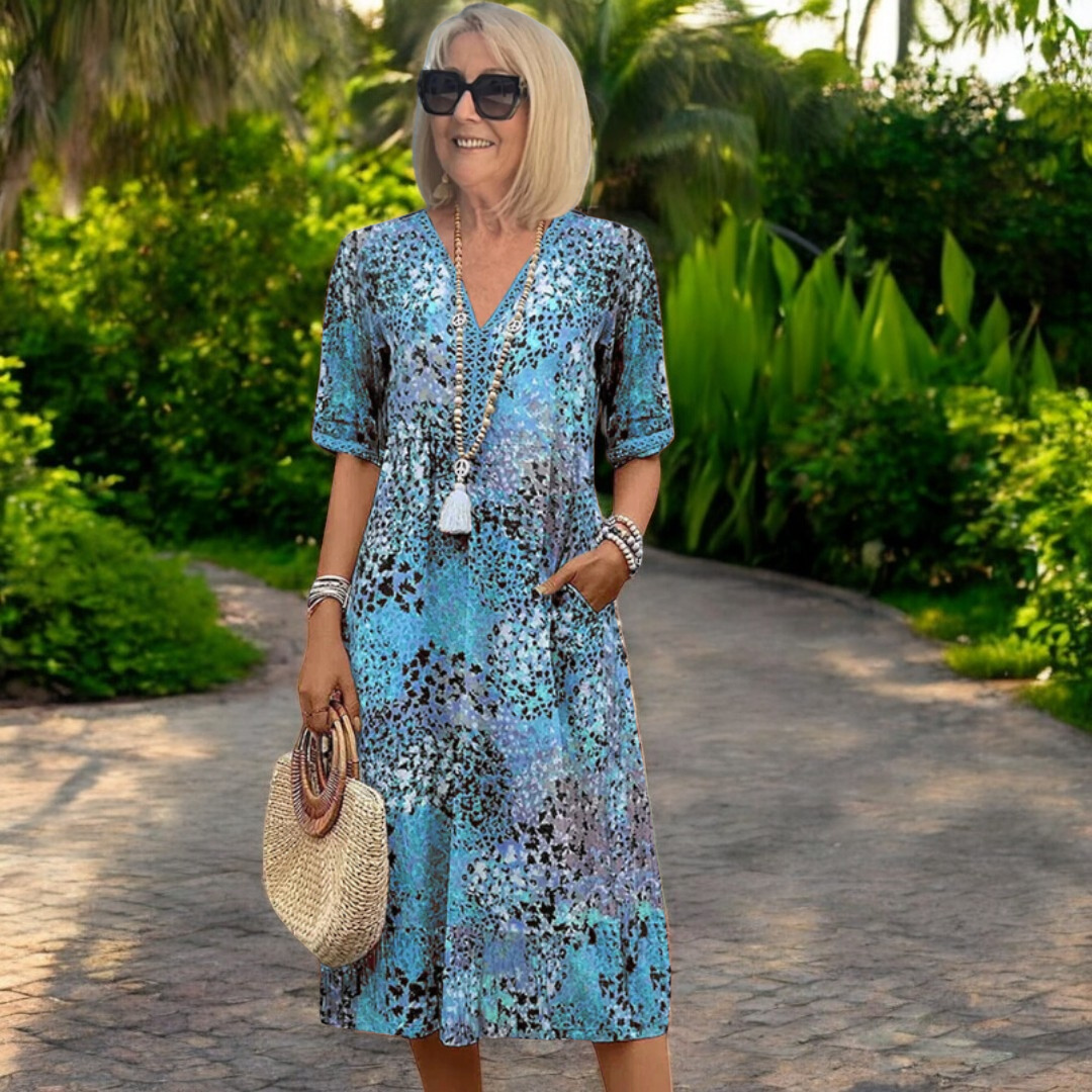Iris | Boho Patchwork Print Maxi Sundress with V Neck and Three Quarter Sleeves