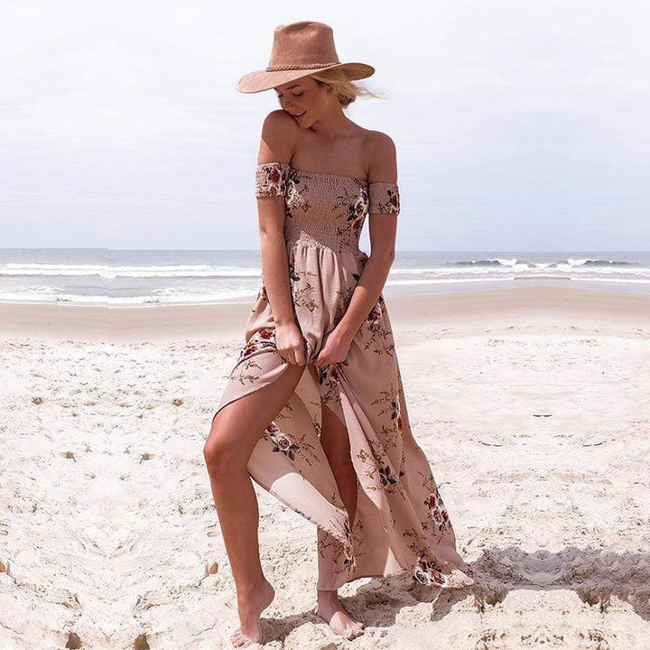 Nicole | Floral Maxi Sundress with Off Shoulder Neckline and Front Slit